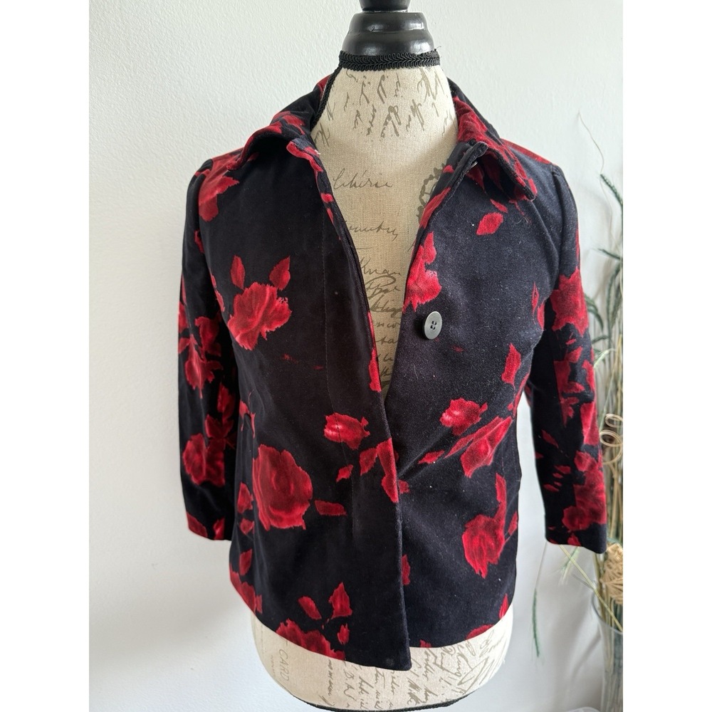 Talbots Women's Black Floral 100% Cotton Long Sleeve Collared Casual Jacket 2p